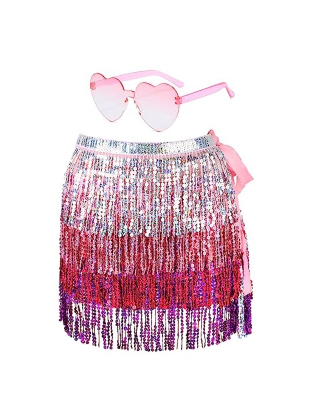 Sequin Fringe Bell Dance Skirt with Heart Sunglasses Set Women Party